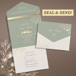 Elegantes Gold Grünzeug Salbei Hochzeit All In One Einladung