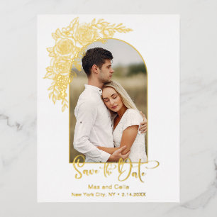 Elegantes Gold Hand Drawn Rose Foto Save the Date Folie Einladungspostkarte