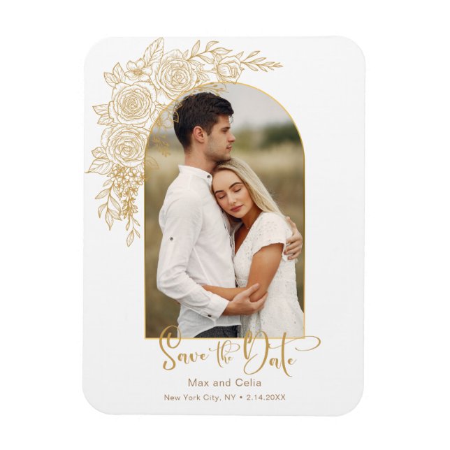 Elegantes Gold Hand Drawn Rose Foto Save the Date Magnet (Vertikal)