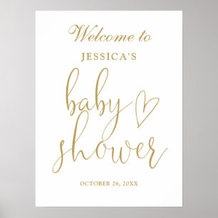 Elegantes Gold Heart Script Baby Dusche Begrüßungs Poster