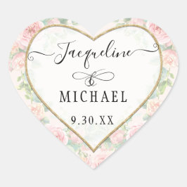 Elegantes Gold Heart Script Rosa Blätter Herz-Aufkleber