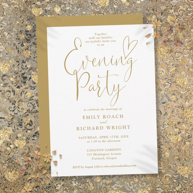Elegantes Gold Heart Script Wedding Abend Party Einladung (Elegant Gold Heart Script Wedding Evening Party Invitation)