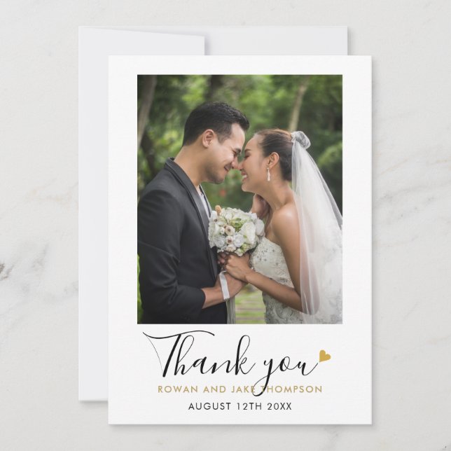 Elegantes Gold Heart Script Wedding Foto Dankeskarte (Vorderseite)