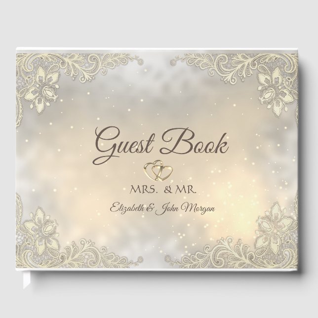 Elegantes Gold Hearts Lace Wedding Gästebuch (Vorderseite)