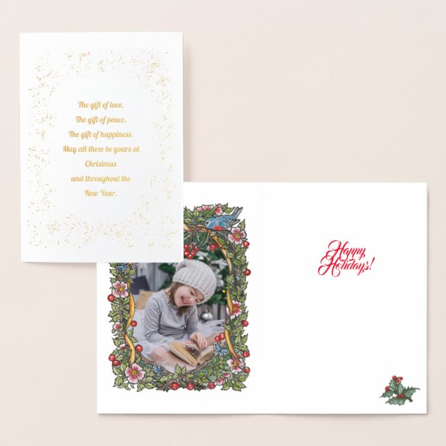 Elegantes Gold Holiday Bird Wreath Foto Weihnachte Folienkarte (Anzeige)