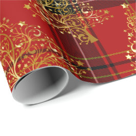 Elegantes Gold & Kariertes Weihnachtsbaummuster Geschenkpapier