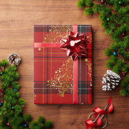 Elegantes Gold & Kariertes Weihnachtsbaummuster Geschenkpapier