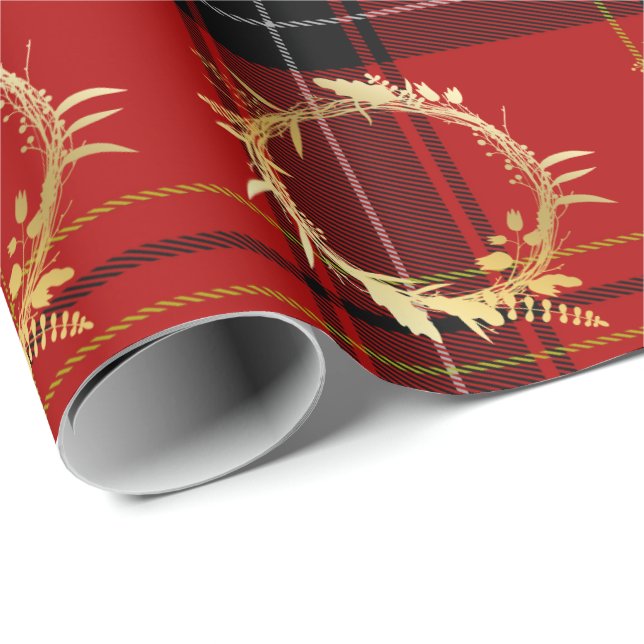 Elegantes Gold & Kariertes Weihnachtskrautmuster Geschenkpapier (Rolleneckpunkt)