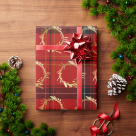 Elegantes Gold & Kariertes Weihnachtskrautmuster Geschenkpapier