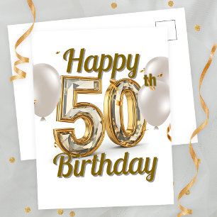 Elegantes Gold Konfetti und Ballons 50. Geburtstag Postkarte