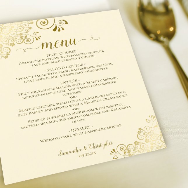 Elegantes Gold Lace auf Cream Budget Wedding Menu (Von Creator hochgeladen)