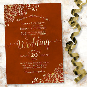 Elegantes Gold Lace auf der Rust Orange Frilly Wed Folieneinladung