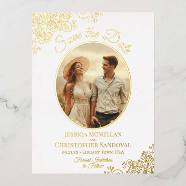 Elegantes Gold Lace & Foto Save the Date weiß Folie Einladungspostkarte (Vorderseite)