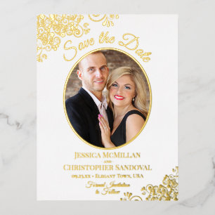 Elegantes Gold Lace & Foto Save the Date weiß Folie Einladungspostkarte
