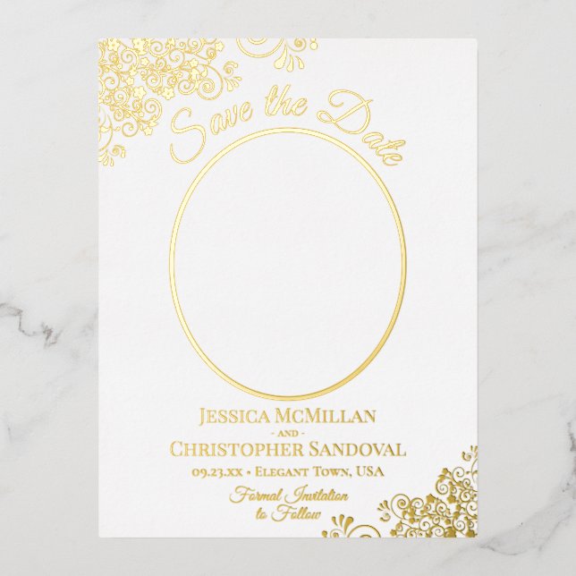 Elegantes Gold Lace & Foto Save the Date weiß Folie Einladungspostkarte (Vorderseite)