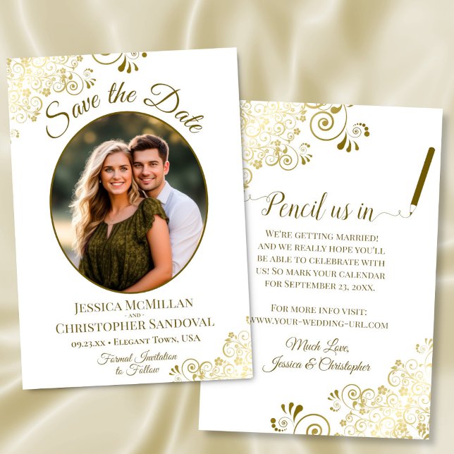 Elegantes Gold Lace Oval Foto Klassisches Weißes H Save The Date (Front/Back)