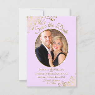 Elegantes Gold Lace Oval Foto Lilac Lila Wedding Save The Date
