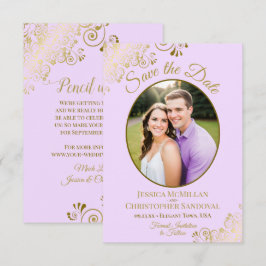 Elegantes Gold Lace Oval Foto Lilac Lila Wedding Save The Date