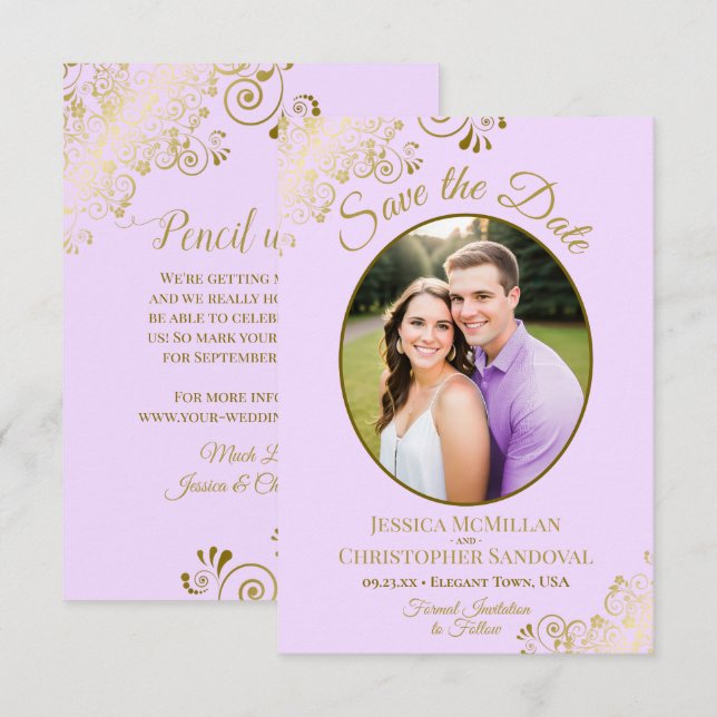 Elegantes Gold Lace Oval Foto Lilac Lila Wedding Save The Date (Vorne/Hinten)
