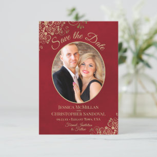 Elegantes Gold Lace & Oval Foto Marmorierte Rote H Save The Date