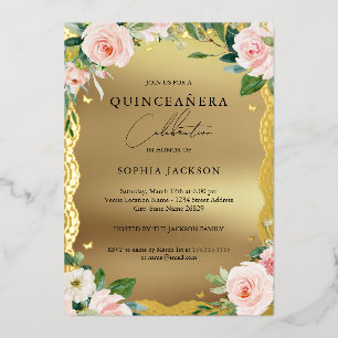 Elegantes Gold Lace Rosa Foto Quinceanera Folieneinladung