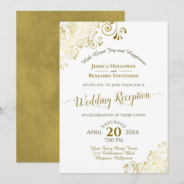 Elegantes Gold Lace & White Wedding Reception Part Einladung (Vorne/Hinten)