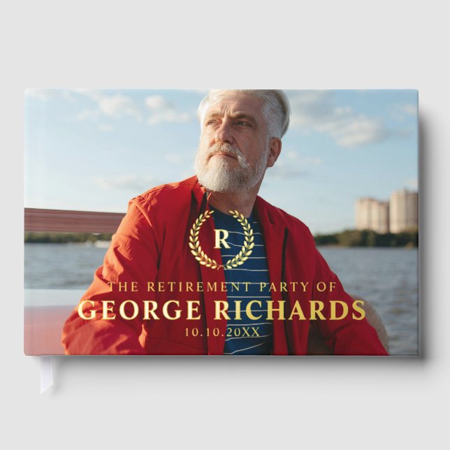 Elegantes Gold Laurel Wreath Foto Retirement Party Gästebuch (Vorderseite)