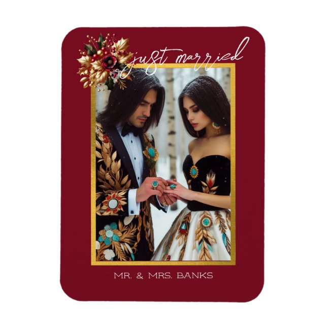 Elegantes Gold Leaf Hochzeitfoto Nur verheiratet Magnet (Vertikal)