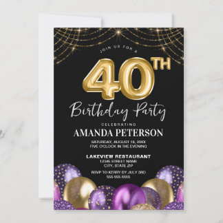 Elegantes Gold Lila Balloons 40. Geburtstag Party Einladung