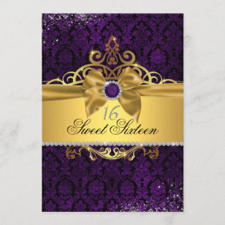 Elegantes Gold Lila Damask 16 . Geburtstag Einladu Einladung