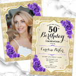 Elegantes Gold Lila Foto 50. Geburtstag Einladung<br><div class="desc">Elegante florale feminine 50. Geburtstagseinladung mit Ihrem Foto auf der Kartenrückseite. Glam-Design mit Imitaten Glitzer Gold. Verfügt über goldene Streifen, lila Rose, Skript-Schriftart und Konfetti. Ideal für ein stilvolles Party für Erwachsene. Personalisieren Sie Ihre persönlichen Daten. Kann für jedes Alter angepasst werden! Gedruckte Zazzle Einladungen oder Sofortdownload digitalen druckbaren Vorlage....</div>