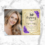 Elegantes Gold Lila Foto 50. Geburtstag Einladung<br><div class="desc">Elegante florale feminine 50. Geburtstagseinladung mit Ihrem Foto. Glam-Design mit Imitaten Glitzer Gold. Features Streifen,  lila Rose,  Skript-Schriftart und Konfetti. Ideal für ein stilvolles Party für Erwachsene. Personalisieren Sie Ihre persönlichen Daten. Kann für jedes Alter angepasst werden! Gedruckte Zazzle Einladungen oder Sofortdownload digitalen druckbaren Vorlage.</div>