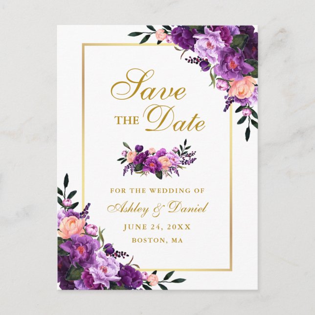 Elegantes Gold Lila Violett Save the Date Ankündigungspostkarte (Vorderseite)