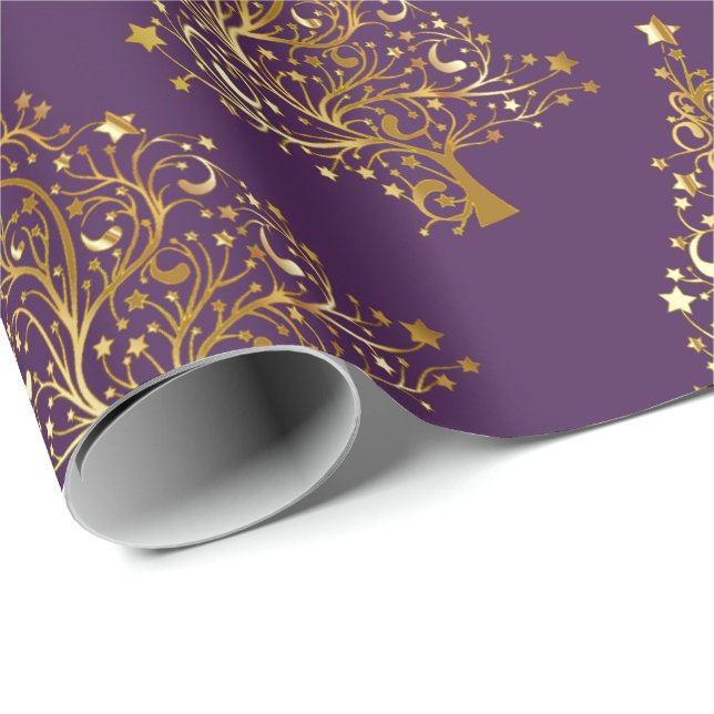 Elegantes Gold Lila Weihnachtsbaummuster Geschenkpapier (Rolleneckpunkt)