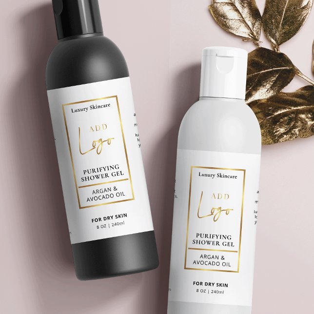 Elegantes Gold Logo 8 OZ Kosmetisches Flaschenetik (Elegant white and faux gold cosmo bottle labels for lotions, shampoo, conditioner, cleansers etc.)