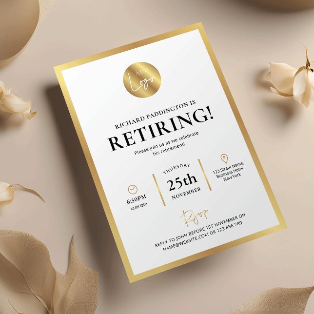 Elegantes Gold-Logo Formal für die Mitarbeiterrent Einladung (Modern white and faux gold retirement party business invitation with your logo)
