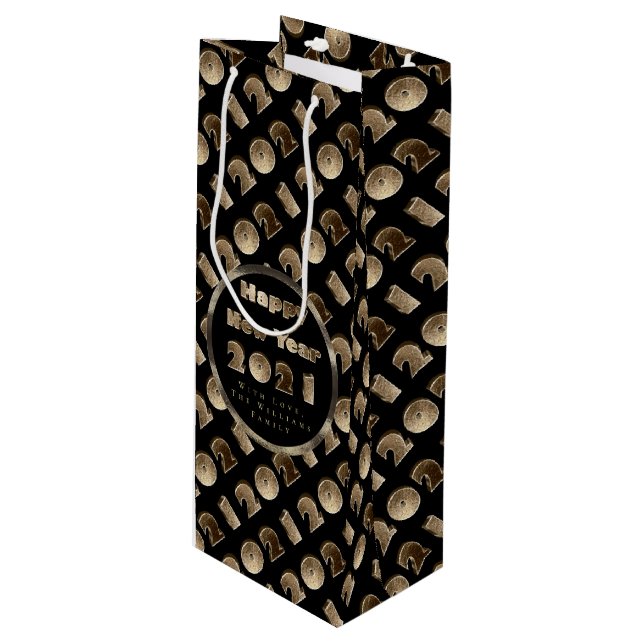 Elegantes Gold Look Muster glücklich Neues Jahr 20 Geschenktüte Für Weinflaschen (Vorderseite Schrägansicht)