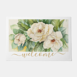 Elegantes Gold Magnolia Floral Begrüßungsschreiben Fußmatte