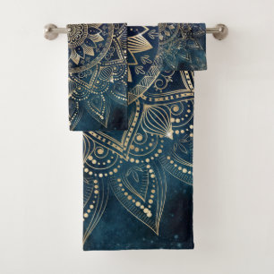 Elegantes Gold Mandala Blue Galaxy Design Badhandtuch Set