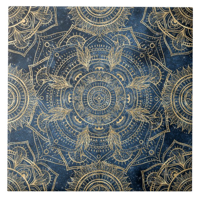 Elegantes Gold Mandala Blue Whimsy Design Fliese (Vorderseite)