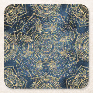 Elegantes Gold Mandala Blue Whimsy Design Rechteckiger Pappuntersetzer