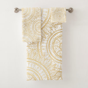 Elegantes Gold Mandala Sonnenblume Weißes Muster Badhandtuch Set