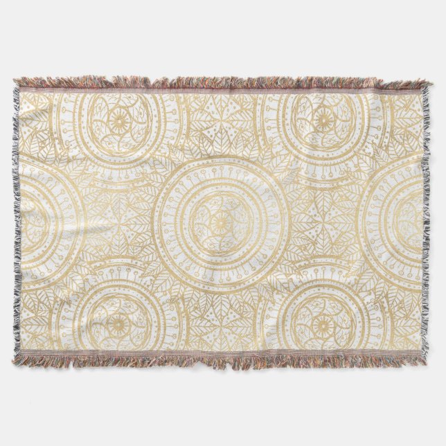 Elegantes Gold Mandala Sonnenblume Weißes Muster Decke (Vorderseite)
