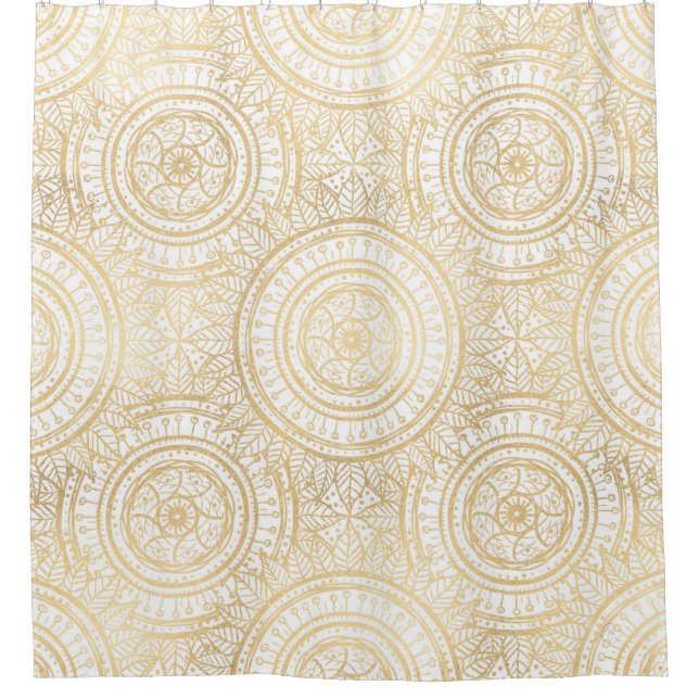 Elegantes Gold Mandala Sonnenblume Weißes Muster Duschvorhang (Vorderseite)