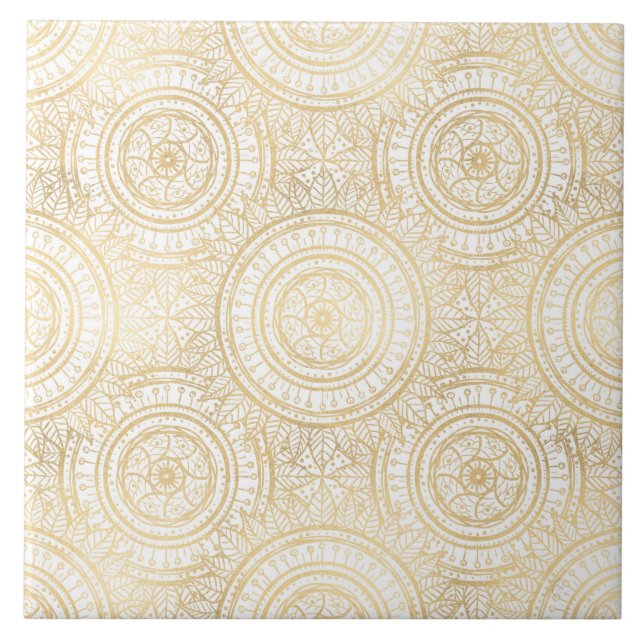Elegantes Gold Mandala Sonnenblume Weißes Muster Fliese (Vorderseite)