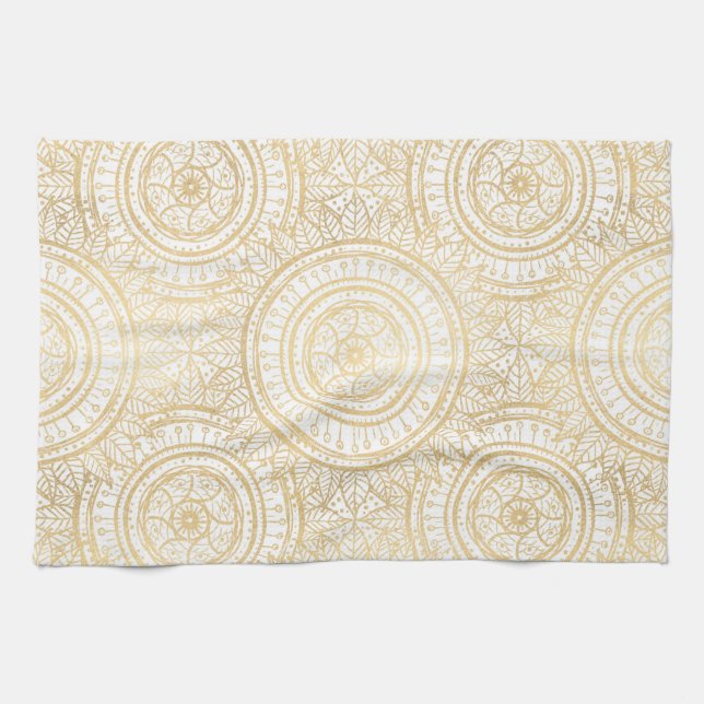 Elegantes Gold Mandala Sonnenblume Weißes Muster Geschirrtuch (Horizontal)