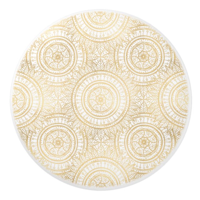 Elegantes Gold Mandala Sonnenblume Weißes Muster Keramikknauf (Vorderseite)