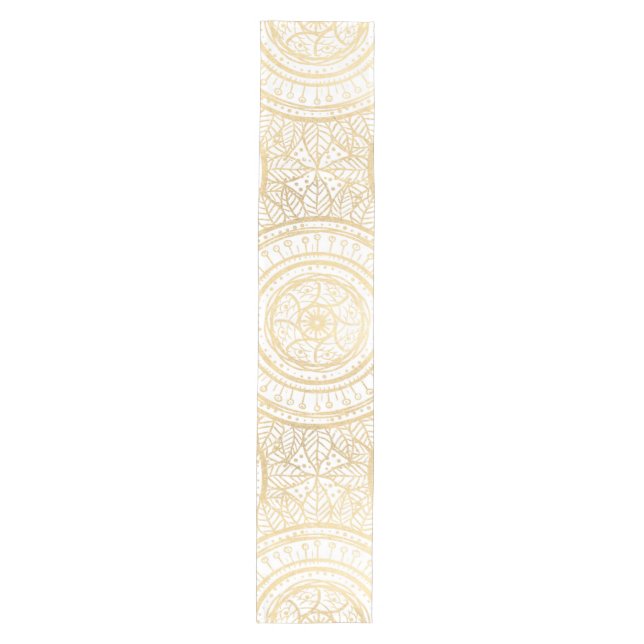 Elegantes Gold Mandala Sonnenblume Weißes Muster Mittelgroßer Tischläufer (Vorderseite)