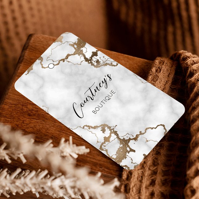 Elegantes Gold-Marmor-Kleidungsmarken (Elegant black marble and faux gold product hang tags with price and size table on the back)