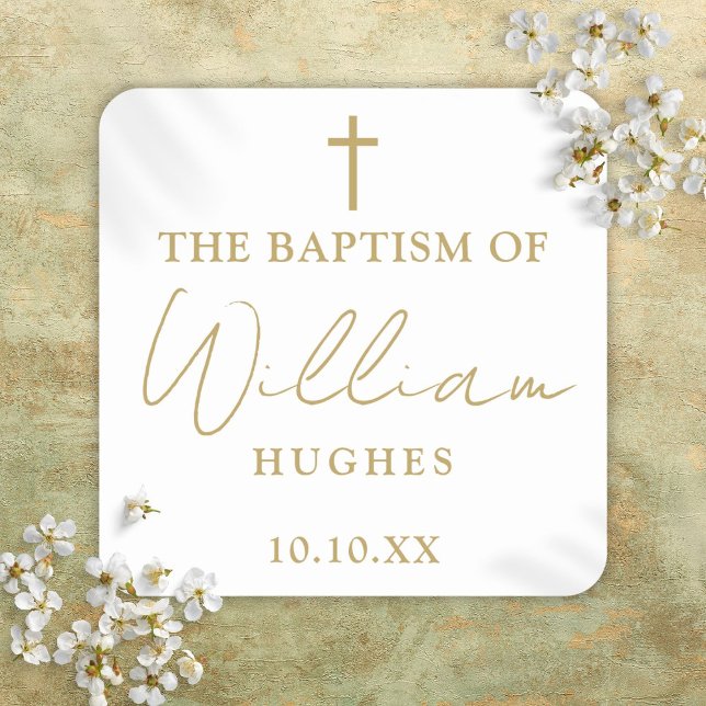 Elegantes Gold Minimalistische Taufe Christening Quadratischer Aufkleber (Elegant Gold Minimalist Baptism Christening Square Sticker)